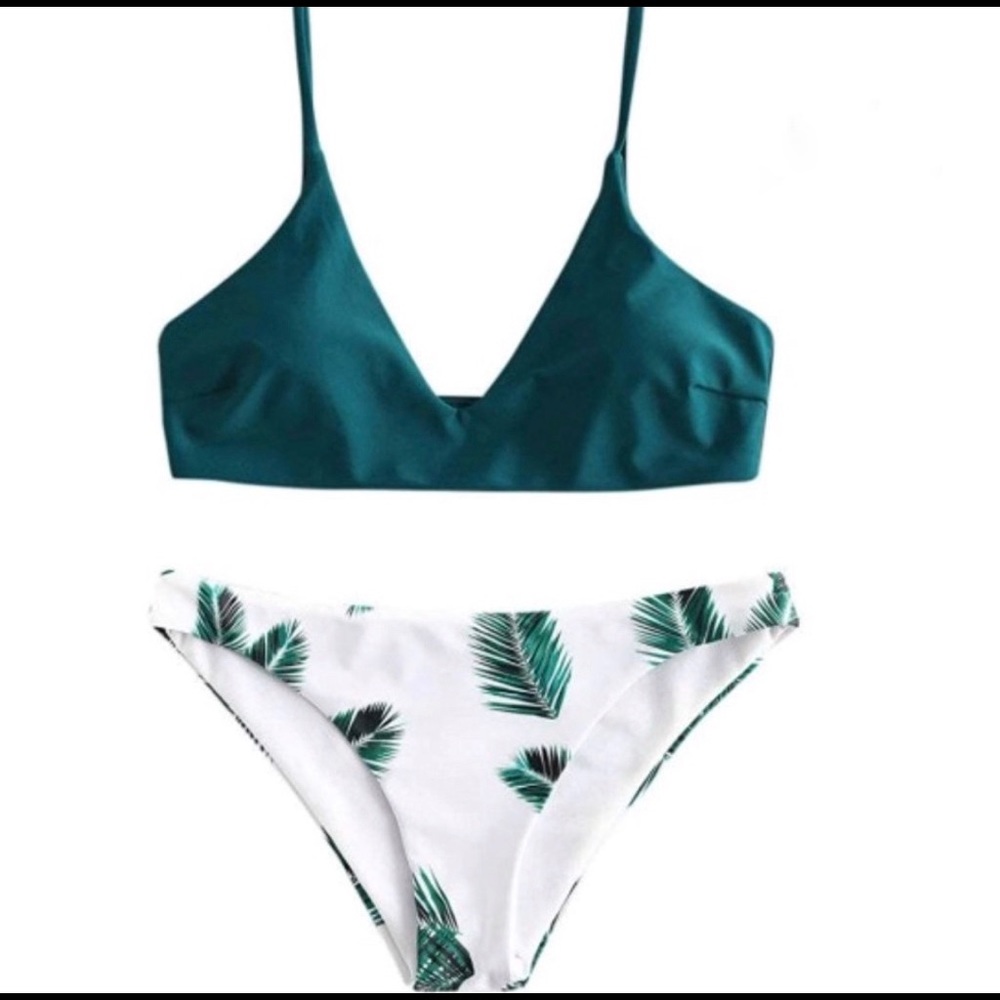 Zaful Floral Palm Leaf Bikini Peacock colo…